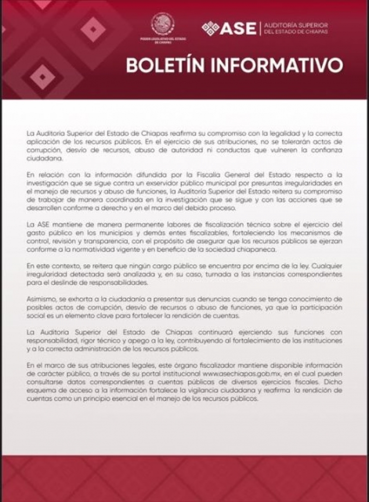 No se tolerar&aacute;n actos de corrupci&oacute;n, desv&iacute;o de recursos, abuso de autoridad ni conductas que vulneren la confianza ciudadana, advierte la ASE