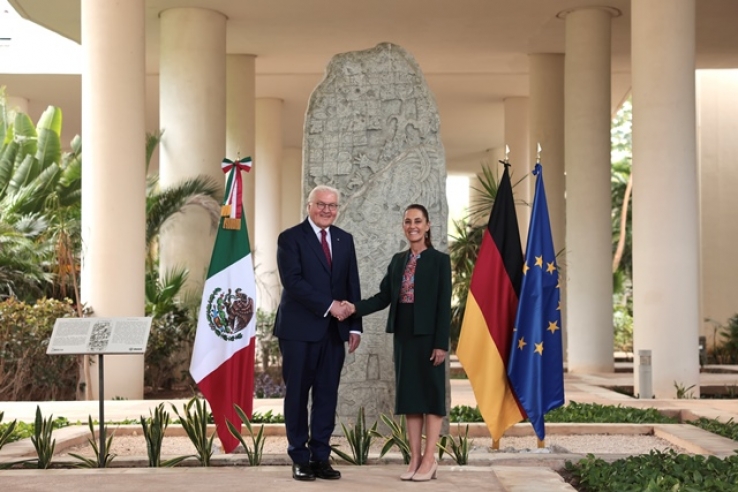 Presidenta Claudia Sheinbaum recibe a su hom&oacute;logo de la Rep&uacute;blica Federal de Alemania, Frank-Walter Steinmeier, en el Museo Maya de Canc&uacute;n