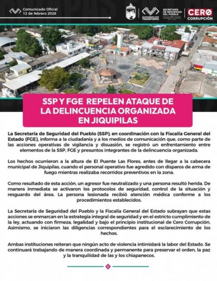 SSP y FGE repelen ataque de la delincuencia organizada en Jiquipilas
